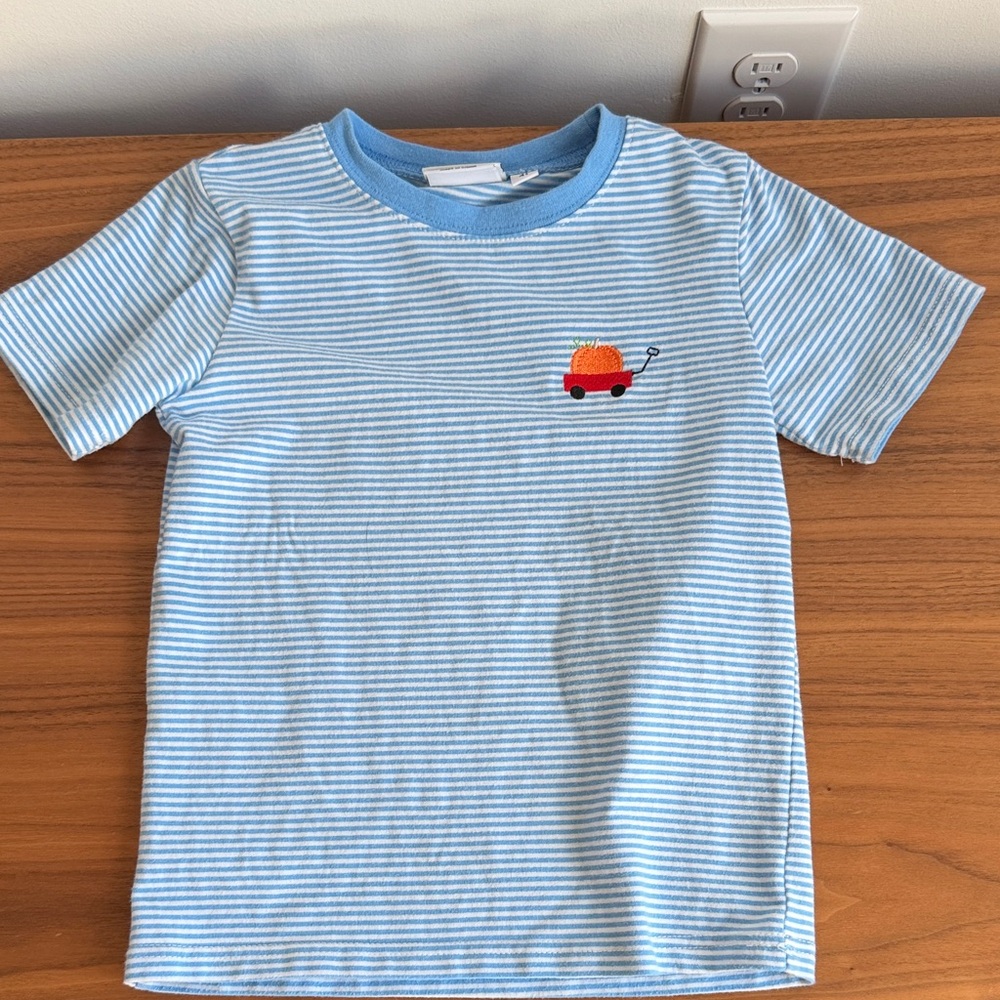 Blue Striped Kids T-Shirt with Pumpkin Embroidery